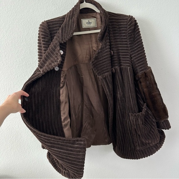 VINTAGE Fendi Brown Striped Fur Trim Jacket Coat SZ US 6 - Picture 7 of 13